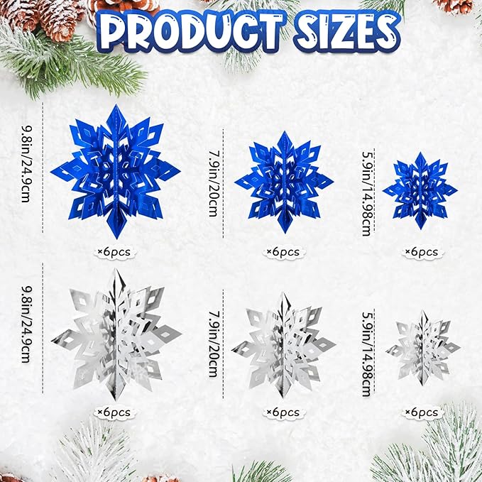 OuMuaMua Winter Christmas Snowflake Decorations Indoor, 36PCS 3D Silver Blue Snowflakes Christmas Hanging Ornaments for Home Xmas Holiday Winter Wonderland New Year Party Decor Supplies