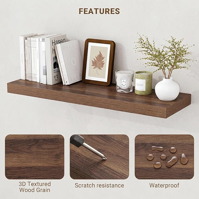 Acovy 32 Inch Floating Shelves, 3D Textured Wood Grain, 32"x9.25"x1.5" Inch Deep Floating Shelves for Wall, Wooden Shelves for Bathroom, Bedroom, Living Room, Walnut, 2 Pieces