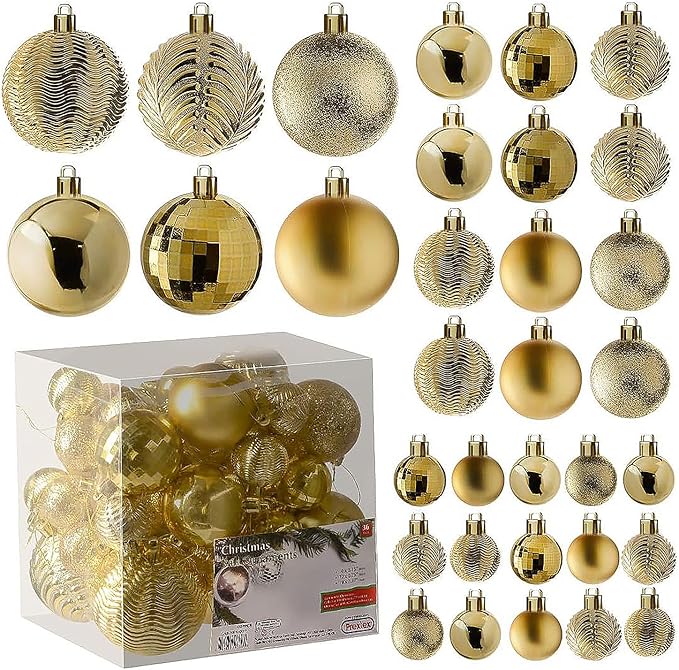 Prextex 36pc Shatterproof Christmas Ornaments Set - Gold Christmas Tree Decorations in 3 Sizes and 6 Styles - Hanging Balls with Loops in Matte, Shiny, and Glitter Finishes for Indoor-Outdoor Display