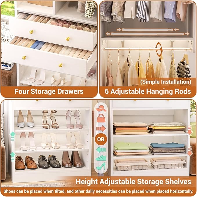 10FT Closet System with 4 Drawers, 120" Closet Organizer System with 6 Hanging Robs & Reversible Hanging Shelving, Closet Systems for Walk-in Closets, Load 2000+LBS, White 2 Pack