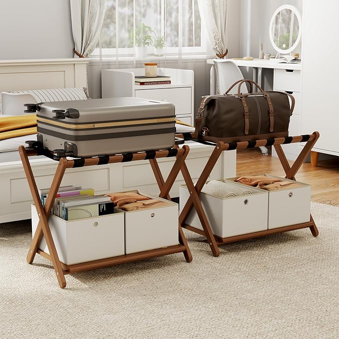 Fully Assembled Walnut Luggage Racks Set of 2 with 4 Storage Boxes, 26.77" Bamboo Luggage Rack Stand for Guest Room, 5 Nylon Straps, Folding Suitcase Stand with Storage Shelf for Bedroom Hotel