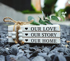 3 Pieces Wooden Decorative White Books, Rustic Farmhouse Faux Books for Coffee Table Shelves with Wood Bead Tassels and Leaves, 7'x 4.6'x 2.5' (Our Love, Our Story, Our Home)
