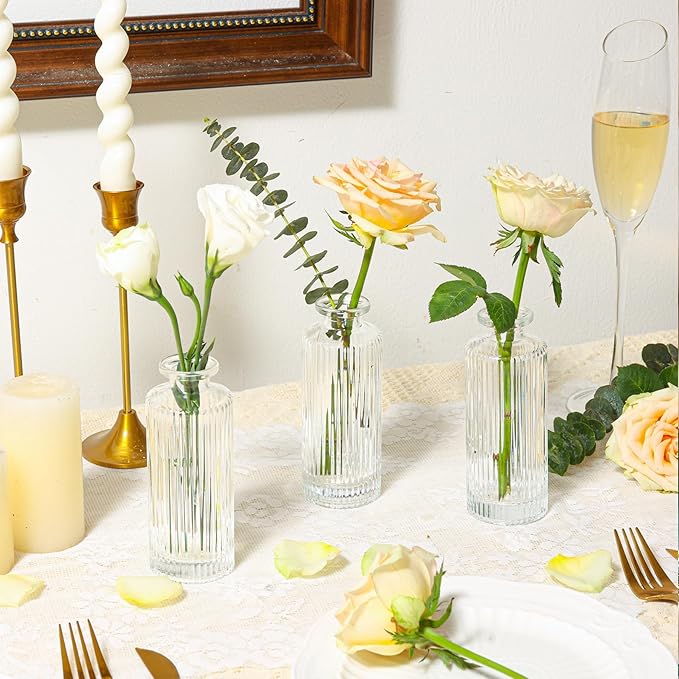 ComSaf Glass Bud Vases Set of 3, Small Flower Vases in Bulk, Mini Ribbed Vases for Centerpieces, Clear Vintage Vase for Table Decorations, Wedding, Party, Receptions, Home Decor (Different Sizes)
