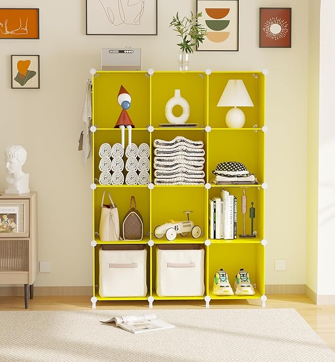 AWTATOS Cube Storage Organizer, Storage Cubes Shelves, 12 Cube Closet Organizers and Storage, DIY Stackable Bookshelf Plastic Clothes Organizer Shelving for Bedroom, Home,Yellow