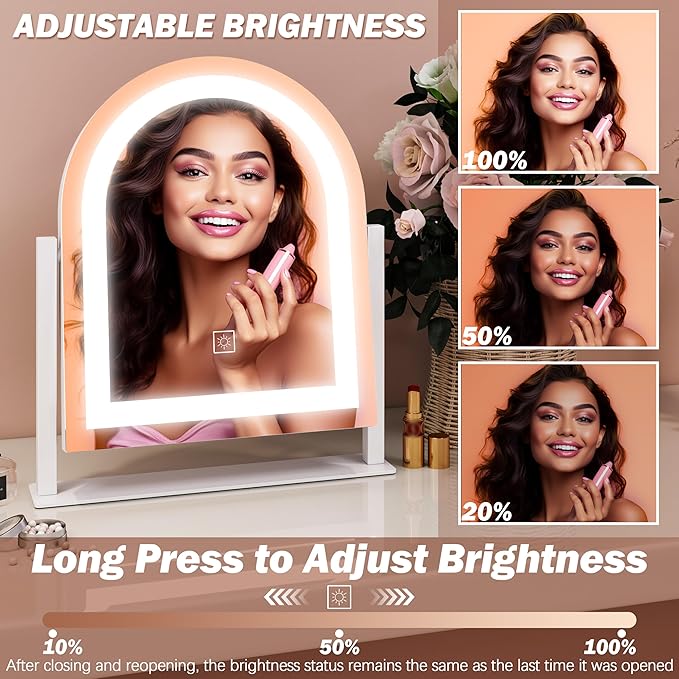 FENNIO Vanity Mirror with Lights 15"x13" Makeup Mirror with Lights, Lighted Makeup Mirror Touch Screen with 3-Color Lighting, 10X Magnification, Dimmable, for Vanity Desk Tabletop(White)