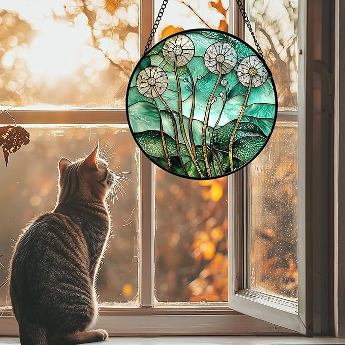 Stained Glass Window Hanging, Green Abstract Lotus Leaves Tree Sun Catcher for Window Door Home Decor Plant Suncatcher Christmas Mother's Day Birthday Gifts for Women Men Mom Nana 6.3 in