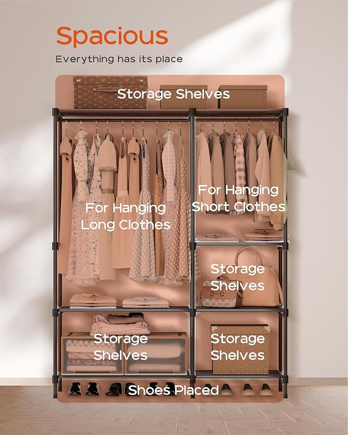 Clothes Rack, Portable Closet, 44.9 Inch Large Capacity Wardrobe Closet, Clothes Storage Organizer with Shelves and 2 Hanging Rods, Easy to Assembly, Black PCT021B01