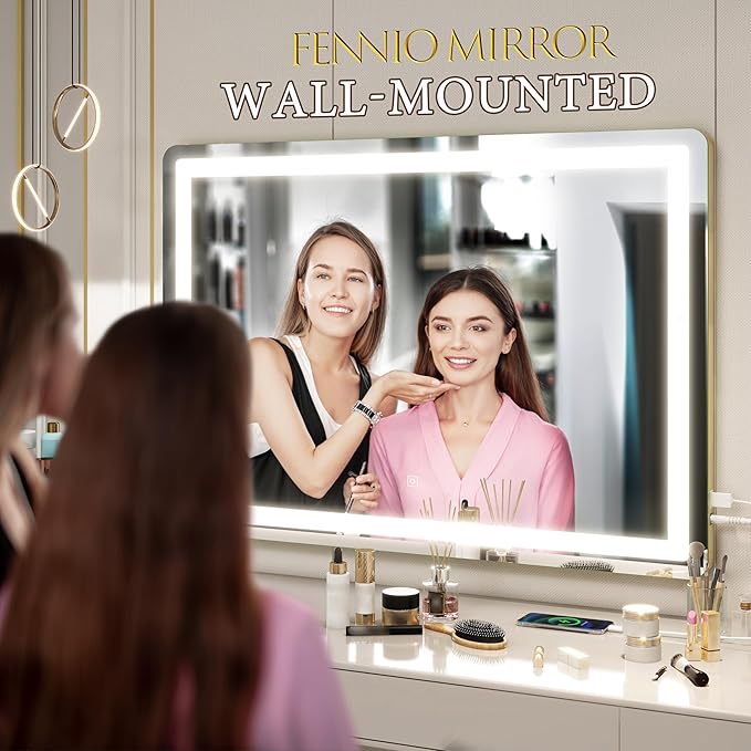 FENNIO Vanity Mirror with Lights 32"x22", Lighted Makeup Mirror, Large Vanity Mirror with Lights, Touch Sensor with 3 Color Lighting,USB Charging Port for Vanity Desk Tabletop（Gold）