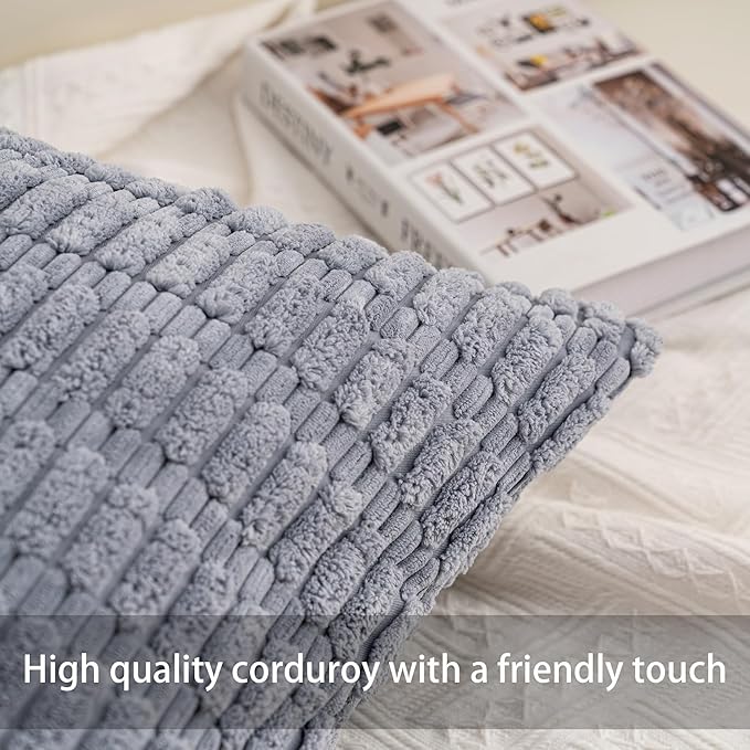 Aegero Pack of 2 Corduroy Decorative Throw Pillow Covers 12x20 InchSoft Boho Striped Pillow Covers Modern Farmhouse Home Decor for Sofa Living Room Couch Bed（Light Grey）