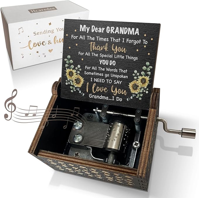 Music Box Gifts for Grandma You are My Sunshine Hand Crank Engraved Wooden Musical Boxes Sunflower Gift for Grandmother on Birthday Christmas Mothers Day(Black)