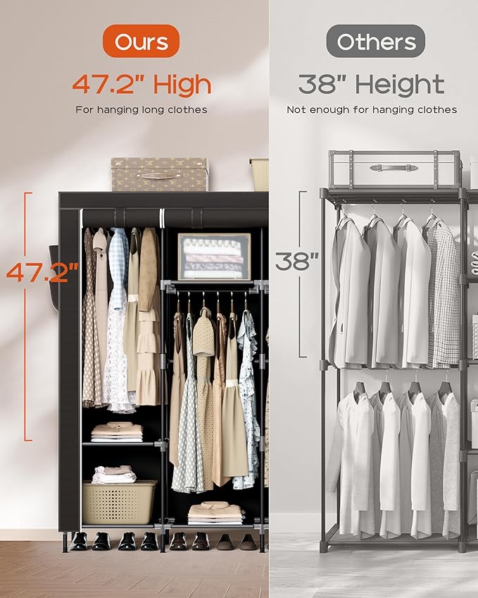 Portable Closet, 66.9 Inch Large Capacity Wardrobe Closet with Cover, Clothes Storage Organizer with Shelves and 4 Hanging Rods, Easy to Assembly, Black PCT204B01