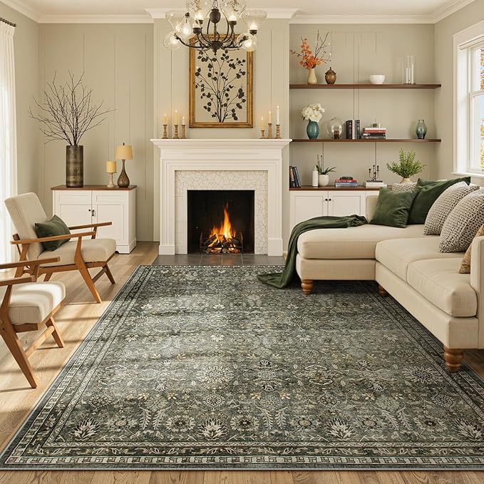 Lahome 5x7 Boho Bedroom Area Rug,Soft Vintage Washable Rugs for Living Room,Non Shedding Disdressed Floor Carpets for Home Decor Dining Room,Dark Olive Green