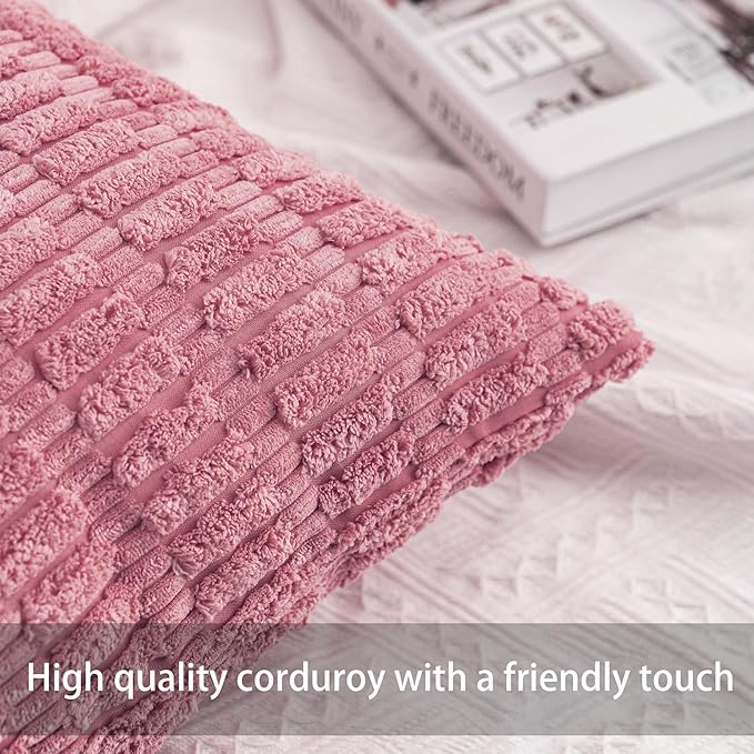 Aegero Pack of 2 Corduroy Decorative Throw Pillow Covers 22x22 Inch Soft Striped Pillow Covers Modern Farmhouse Home Decor for Sofa Living Room Couch Bed（Pink）