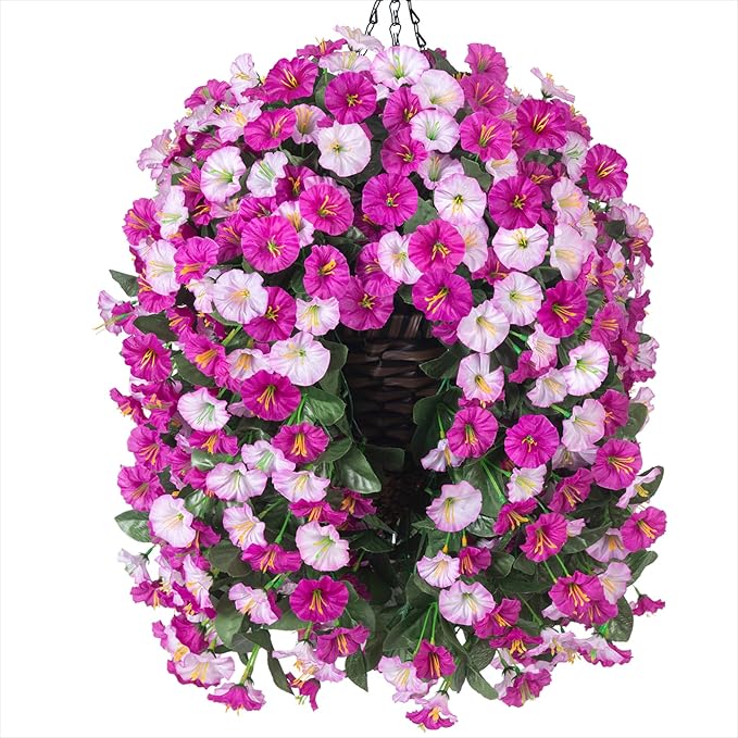 Artificial Fake Flowers Plants Hanging Baskets Outdoor Outside Spring Decor, Faux Silk Light Fuchsia and Fuchsia UV Resistant Look Real Morning Glory Home Patio Porch Balcony Decoration