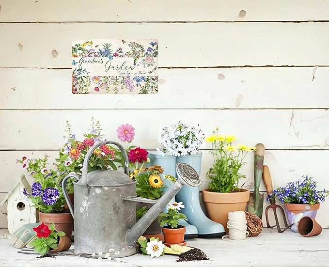 Bestylez Gardening Gifts Vintage Gardening Signs Grandma‘s Garden Love Grows Here Tin Sign for Home Garden Greenhouse Living Room Bedroom Yard Cottage Outdoor Decor 8X12 Inch (3356)