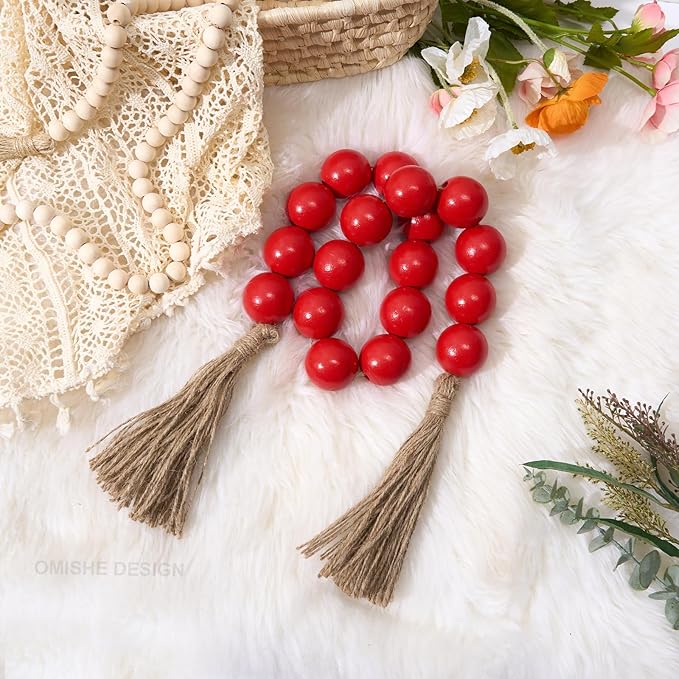 OMISHE Extra Large Wood Bead Garland Red with 1.6" Diameter Wooden Beads and Tassels, 41" Long Rustic Farmhouse Country Decorative Beads for Home Tiered Tray Decor, Red