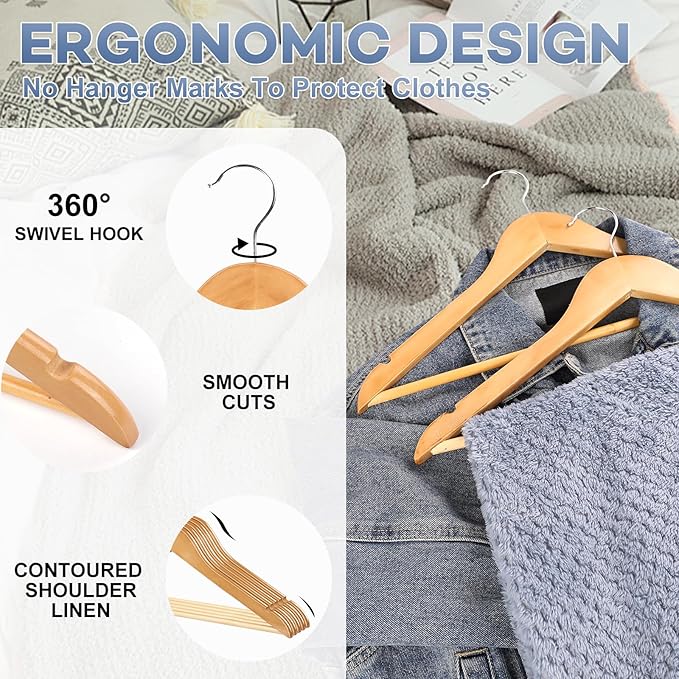 Wooden Hangers 8 Pack, Heavy Duty Wood Hangers for Coats, Suits, Jackets, Closet & Pants Durable Premium Wood Hanger with 360-Degree Rotatable Hook and Notches, Natural