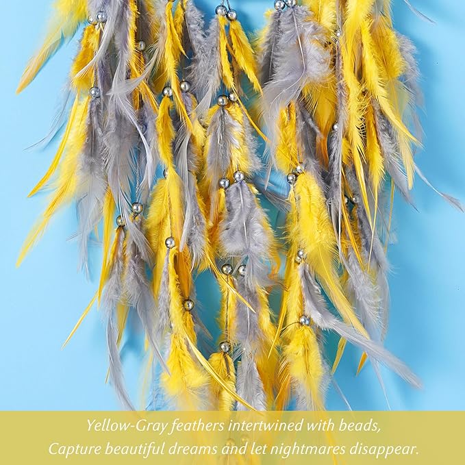 Dreamlike Moon Dream Catchers Wall Decor Crescent Dream Catcher with Crystal Stone Star Shaped Tree of Life Pendant Handmade Yellow Feather Dreamcatchers Wall Hanging for Girls Bedroom Wedding Gift