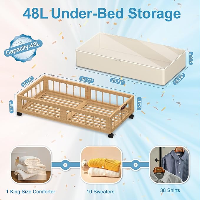 efluky 2-Pack Bamboo Under Bed Storage with Wheels, Rolling UnderBed Storage Basket with Large Dust Bag, Under Bed Storage Containers for Bedroom, Dorm and Basement, Nature
