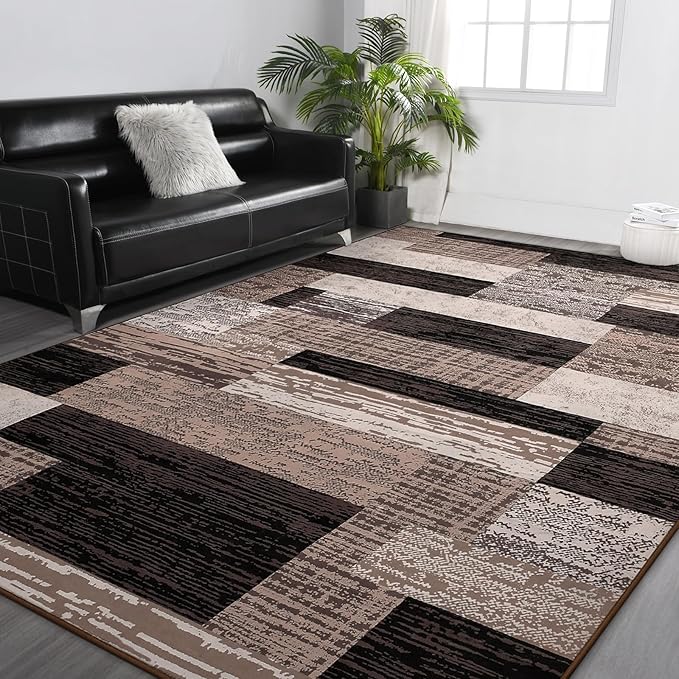 FlyDOIT Modern Geometric Patchwork Area Rug, 7x10 Chocolate Large Rugs for Living Room, Rockwood Collection Indoor Rugs for Bedroom, Throw Carpet Floor Decor for Entryway Dining Room Office Nursery