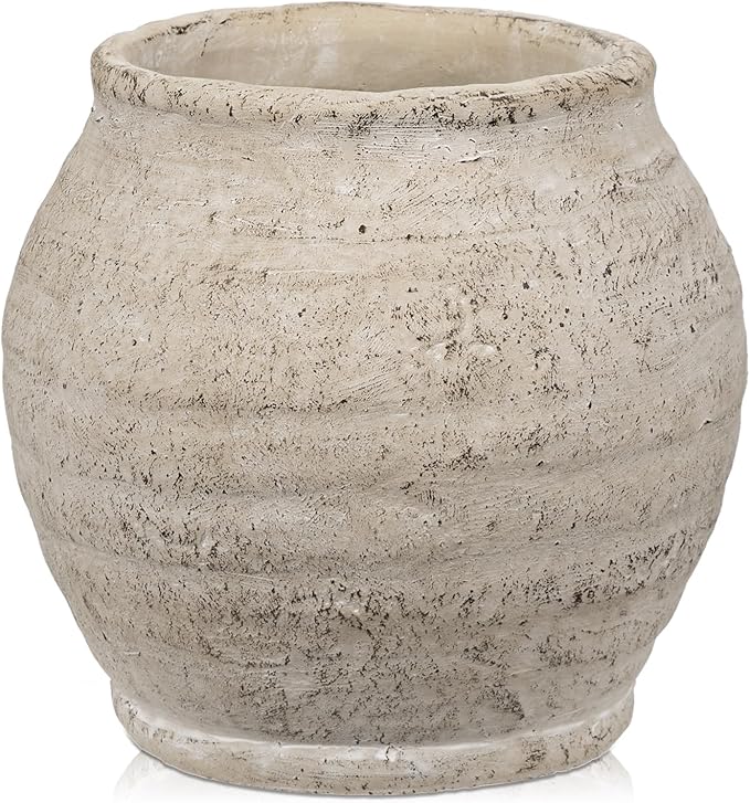 Briful Rustic Vintage Ceramic Pottery Vase, 6.1'' Farmhouse Table Decor with Distressed Texture, Wide Mouth Decorative Jar Vases for Home Decor, Shelf & Entryway, Cream White