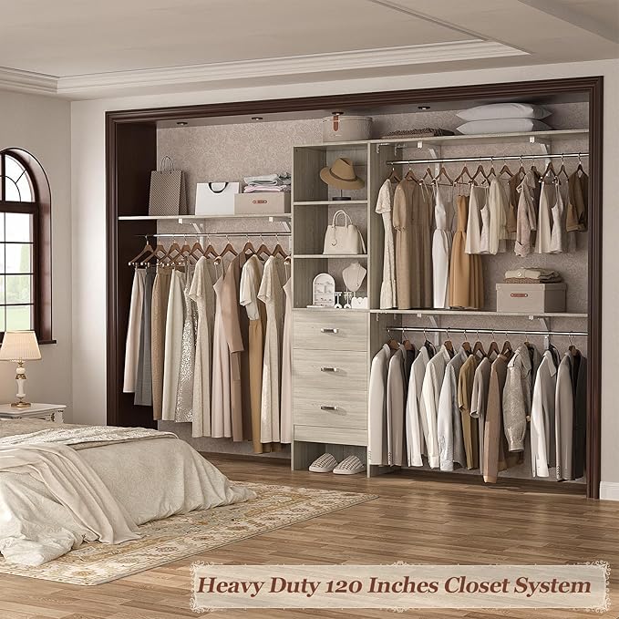 Armocity 120 Inches Closet System, 10FT Walk In Closet Organizer with 3 Shelving Towers, Heavy Duty Clothes Rack with 3 Drawers, Built-In Garment Rack, 120" L x 16" W x 75" H, Load 1300 LBS, White Oak