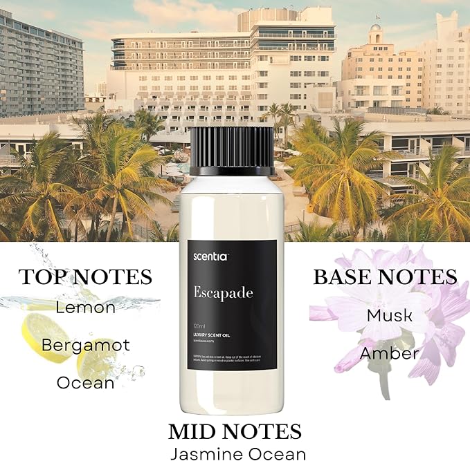 Scentia Hotel Diffuser Oil Inspired by 5-Star Hotel Scent - 120 mL 4.06 fl oz - Essential Oil Botanical Jasmine, Bergamot & Fresh Marine Notes for Aromatherapy Diffusers - Escapade, Thanksgiving Gift