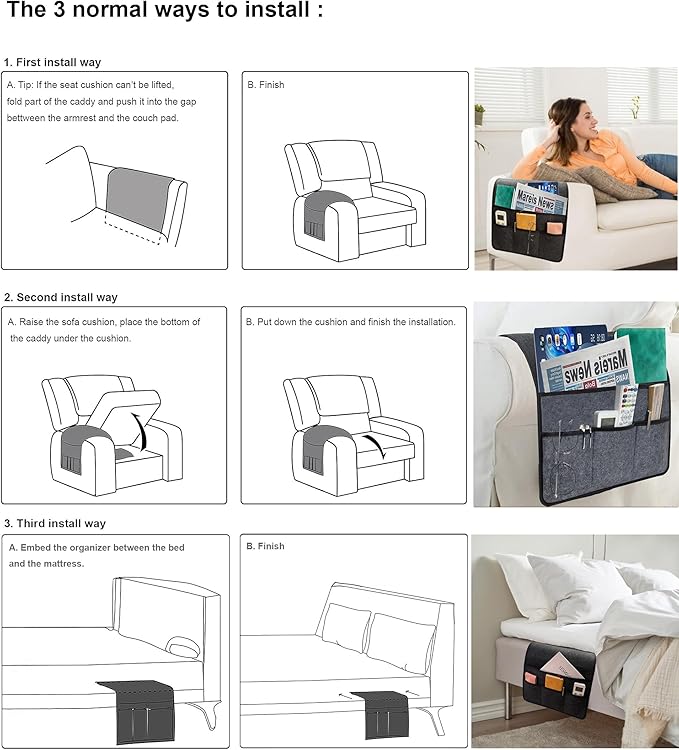 Sofa Armrest Caddy, Armchair Caddy for Recliner, Couch Organizer, Bedside Organizer, Remote Holder with Silicone Non-slip Design,4 Pockets for Magazine, Notepad,Phone, Ipad, Glasses (Black)