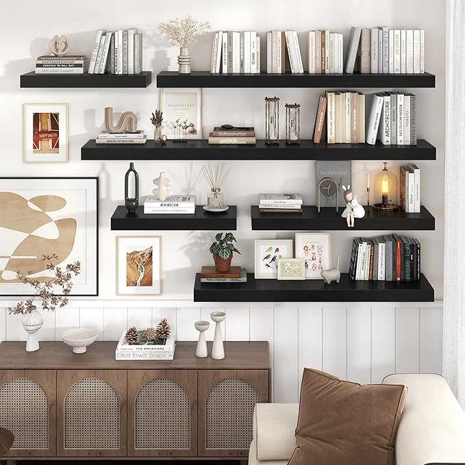 Venusmiles Floating Shelves for Wall, 40" W x 12" D x 2" H, 2 Pack of Long Wall Mounted Engineered Wood Shelves with Invisible Brackets for Living Room, Bedroom, Bathroom, Kitchen Decor, Black