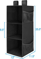 MAX Houser 3-Shelf Hanging Closet Organizer, Hanging Sweater Organizer, Foldable Hanging Shelves for Closet with 2 Velcro, Black