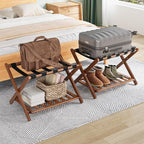 Smuxee Fully Assembled Walnut Luggage Racks Pack of 2, Upgraded Bamboo Foldable Suitcase Stand with 5 Nylon Straps, Luggage Holder with Shelf for Guest Room Bedroom Hotel