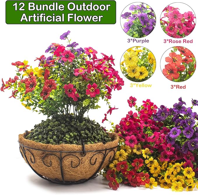 Artificial Hanging Flowers Basket with Colorful Silk Daisies & Eucalyptus - UV/Sun-Resistant Plant for Outdoor Porch, Patio, Balcony - Indoor/Outdoor Home Decor