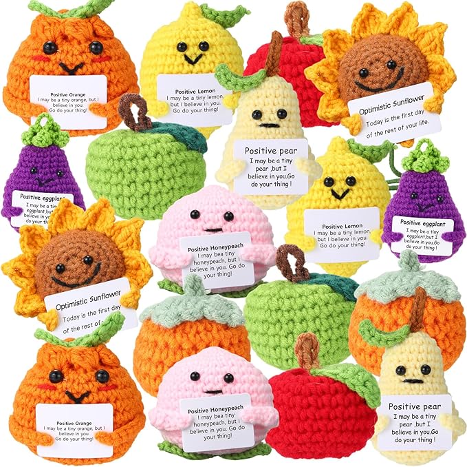 VioraWhite 18 Pcs Positive Fruit Sunflower Emotional Crochet Dolls Bulk Support Encouragement Emotional Knitted Crochet Gifts with Positive Words for Friends Coworker Decorations for Home Office