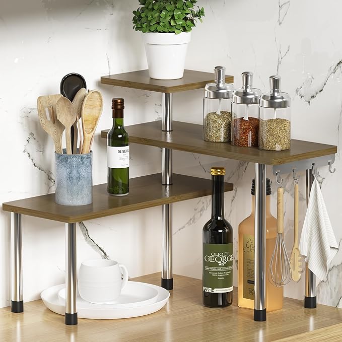 ZHWS Kitchen Corner Shelf Countertop Organizer - 3 Tier Bamboo & Metal Kitchen Organization Plant Stand Living Room Office, Spice Rack On Counter Shelves, Antique