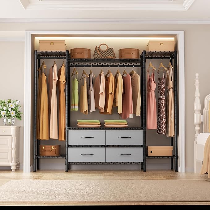 Heavy Duty Garment Rack Clothes Rack,Large Metal Closet Organizer System Storage Wardrobe,Freestanding Clothing Rack with 8 Adjustable Wire Shelves&3 Hang Rods,MaxLoad 900lbs