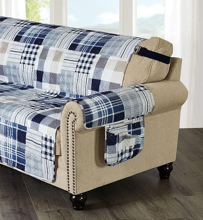 Brilliant Sunshine Multi Blue Plaids and Stripes Patchwork Sofa Armrest 5 Pockets Organizer, Slip Resistant Armchair Caddy, Washable Remote Controls Holder, Storage for Magazine, Tablet, 35×13", Blue