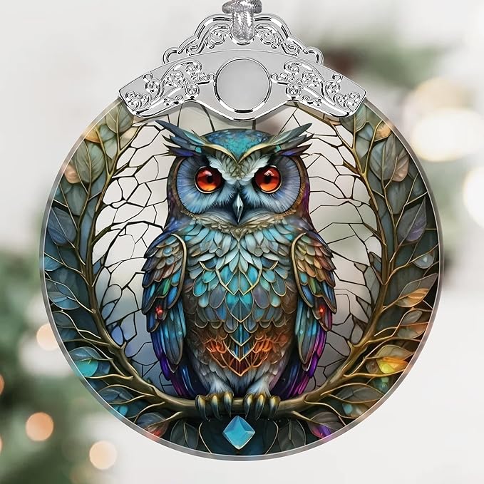 Owl Christmas Ornament - Stained Glass Hanging Tree Decoration, Holiday Home Decor, Gift Exchange Idea