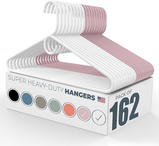 Neaties Super Heavy Duty Clothes Hangers 100+ Pack (162 Count) – Made in the USA - 10lb Capacity, Thick Plastic Hangers for Pants, Coats, Jackets, Jeans and Adult Clothing – White & Pink