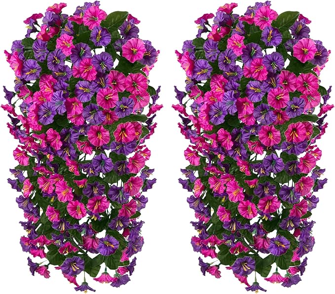 HyeFlora Artificial Fake Hanging Flowers Plants for Outdoor Outside, 2PCS Faux Silk Morning Glory Trailing Vines UV Resistant Look Real for Home Planter Porch Patio (Dark Purple and Fuchsia)