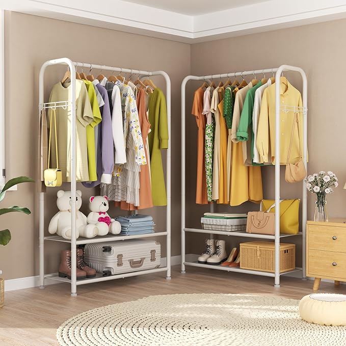 SINGAYE Clothing Racks Portable for Hanging Clothes Garment Rack Heavy Duty Clothes Rack Storage Coat Hanger Stand Portable Closet to Hang with Shelves Wardrobe Standing Organizer Drying White
