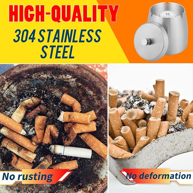 HARTAR Smokeless Ashtrays for Cigarettes Indoor, Ash Tray Sets Outdoor Windproof Cute Home Large Funny Metal Outside Ashtray with Lid for Cigarettes Butt Can for Outside Patio, X-Large