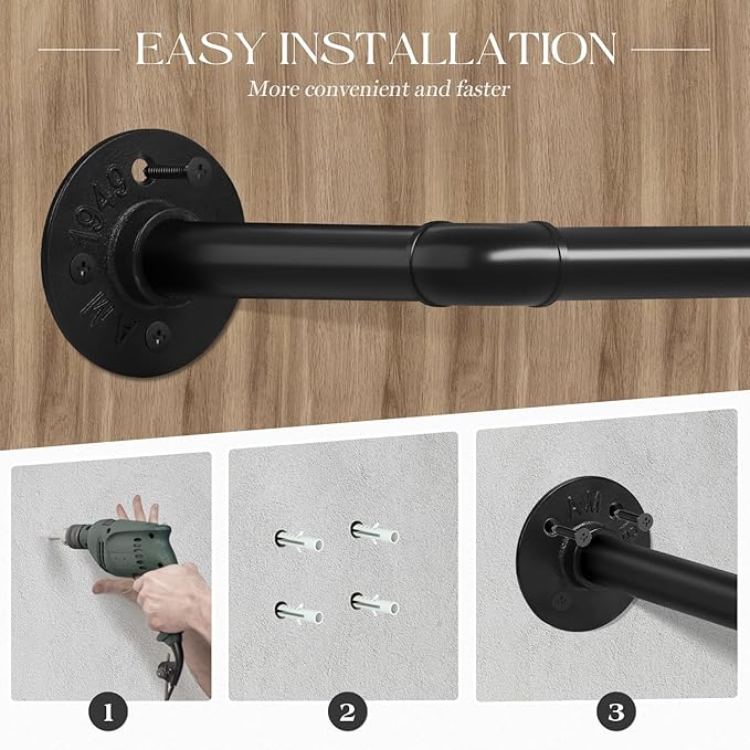 ERYTLLY RYTLLY Industrial Pipe Clothes Rack 38”,Multi-purpose Wall Mounted Iron Garment Rod,Heavy Duty Detachable Hanging Clothes Rack for Closet Rod,Black