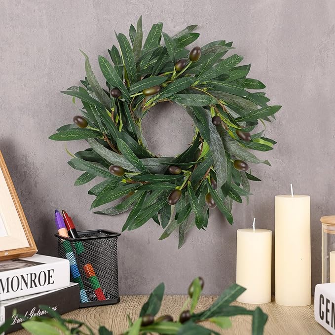 4 Pcs Artificial Green Olive Wreaths Greenery Wreath with Olive Leaves Mini Green Kitchen Cabinet Wreaths Swag Spring Summer Wreath for Front Door Porch Wall Window Farmhouse Wedding Decoration