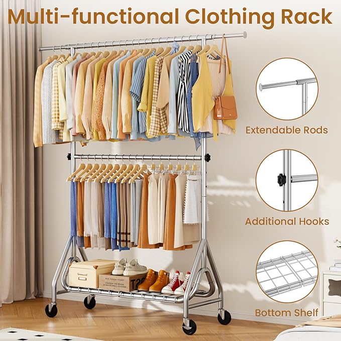 Double Rods Clothing Rack, Heavy Duty Clothes Rack for Hanging Clothes Load 560LBS, Metal Rolling Garment Racks with Wheels, Freestanding Clothes Hanging Racks, Silver