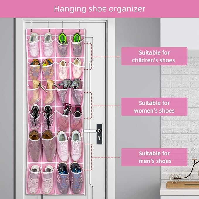 Hanging Shoe Organizer, Over The Door Shoe Organizer with 24 Breathable Mesh Pockets for Men Women Kids Hanging Shoe Storage Rack Organizer Size:58x21 Inch（Pink）