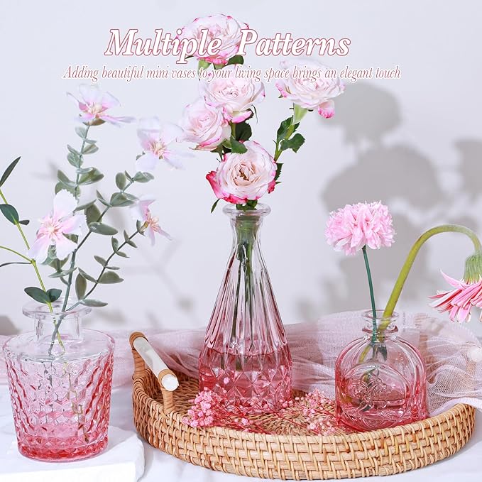 Pink Glass Bud Vases Set of 5, Mini Flower Vase for Centerpieces, Small Clear Vases in Bulk for Wedding Decorations, Vintage Vase for Table, Home Décor