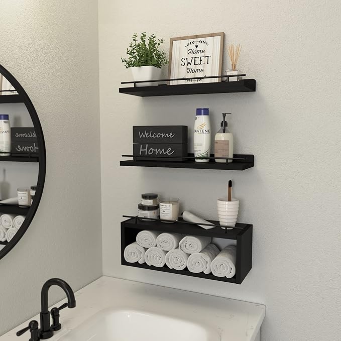 WOPITUES Floating Shelves for Wall with Cube Shelf, Wall Shelves with Metal Rail for Bathroom Decor, Bathroom Organizers and Storage, Over Toilet Shelves for Toilet Paper-Black