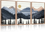 KAIRNE Mountain Canvas Wall Art,Abstract Landscape Wall Decor Set of 3(16”X24”),Sunrise Pine Forest Nature Prints,Wilderness Scenery Pictures for Living Room Bedroom Farmhouse Office Decor,Framed