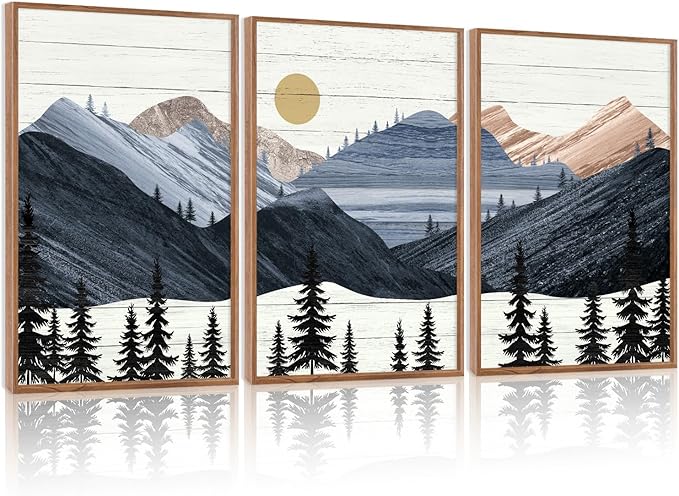 KAIRNE Mountain Canvas Wall Art,Abstract Landscape Wall Decor Set of 3(16”X24”),Sunrise Pine Forest Nature Prints,Wilderness Scenery Pictures for Living Room Bedroom Farmhouse Office Decor,Framed