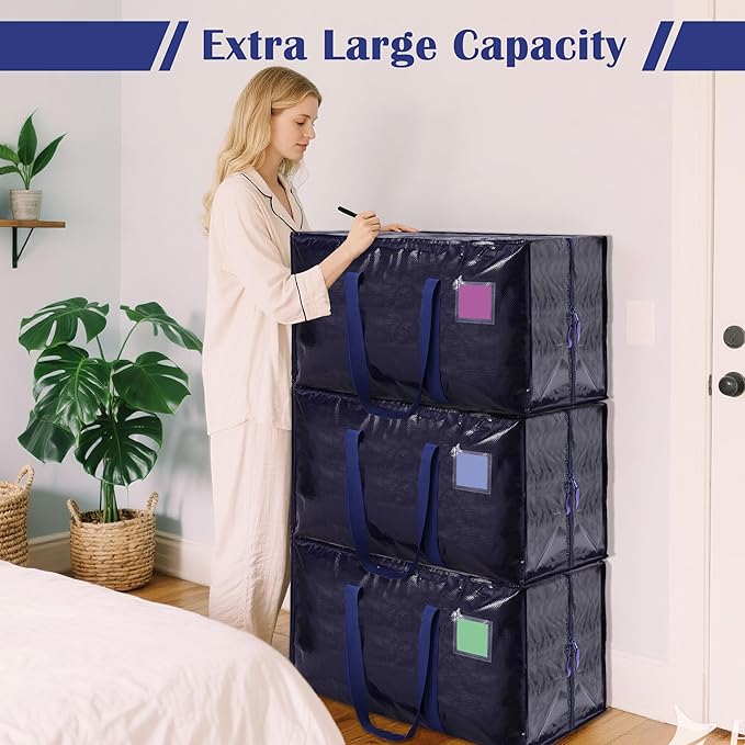 6 Pack Extra Large Heavy Duty Moving Bags with Reinforced Zipper & Wide Handles, Moisture-Resistant Storage Bins Packing Cubes for Clothes, College Dorm, Travel, and Home Organization, Dark Blue
